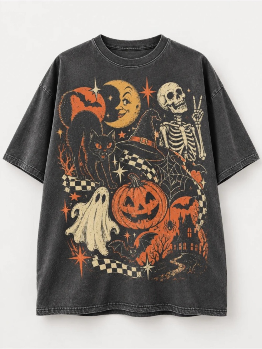 Halloween Shirt, Black Cat Ghost Skeleton T-Shirt, Spooky Cute Pumpkin Witch Tee - Picture 3 of 7
